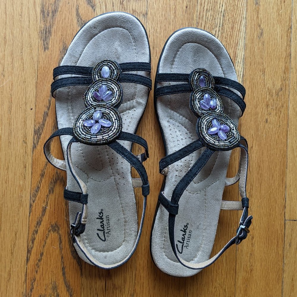 Clarks Artisan Black Sandals with Purple Stones and Metallic Beading